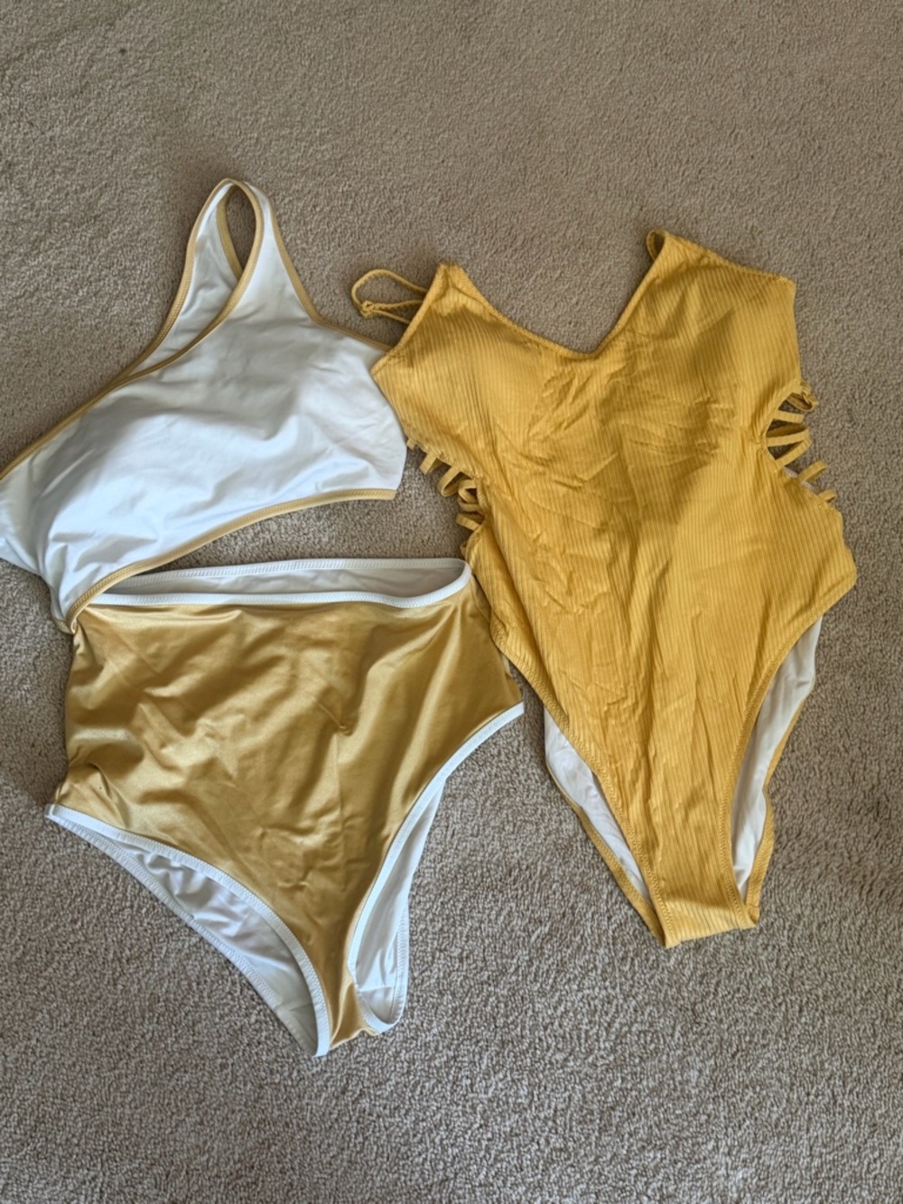 Victoria's Secret Yellow Ribbed One-Piece & Gold-Trim High-Waist Bikini Set